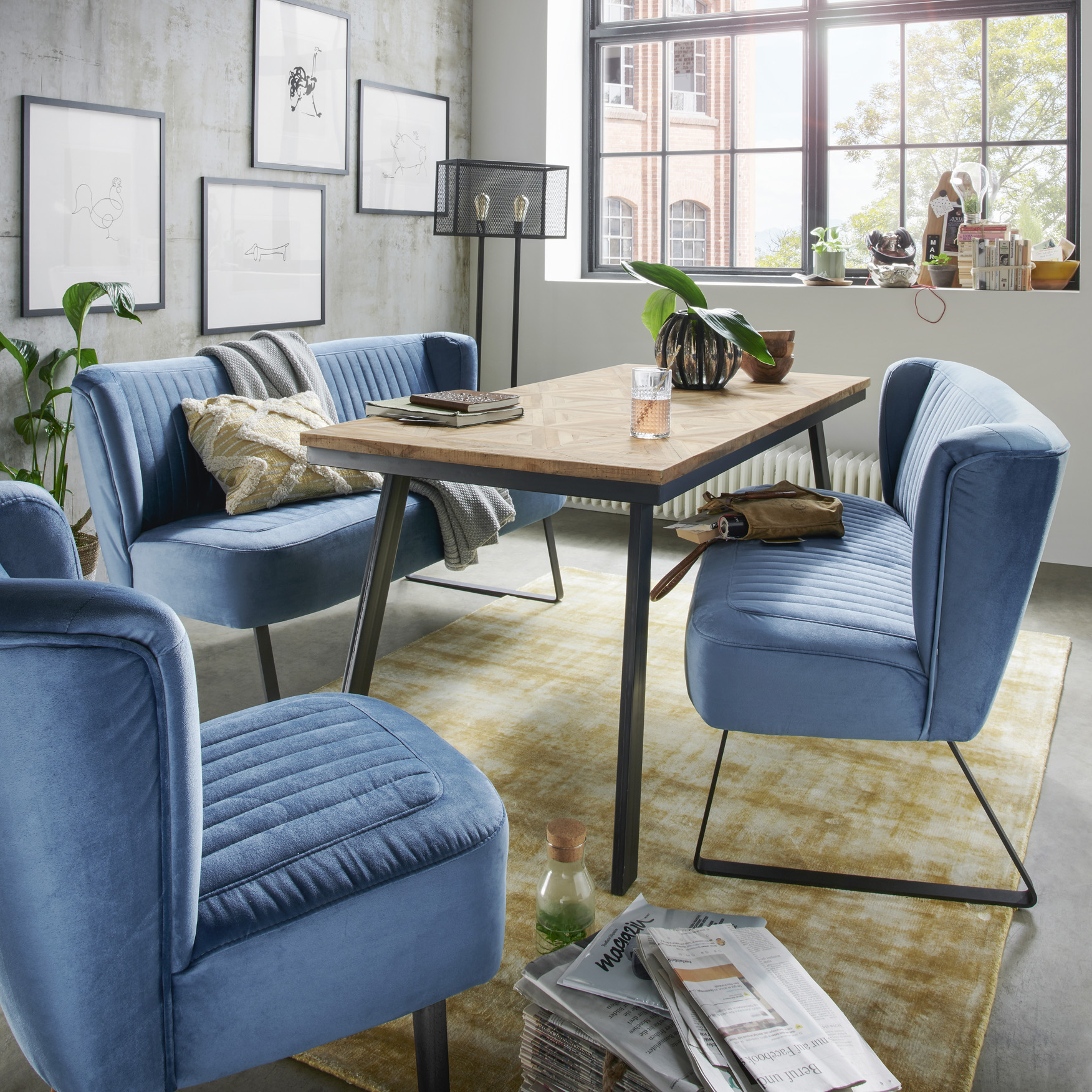 Mileu BOLZANO Amore blau mit Stuhl-Sessel u. Tisch M-1