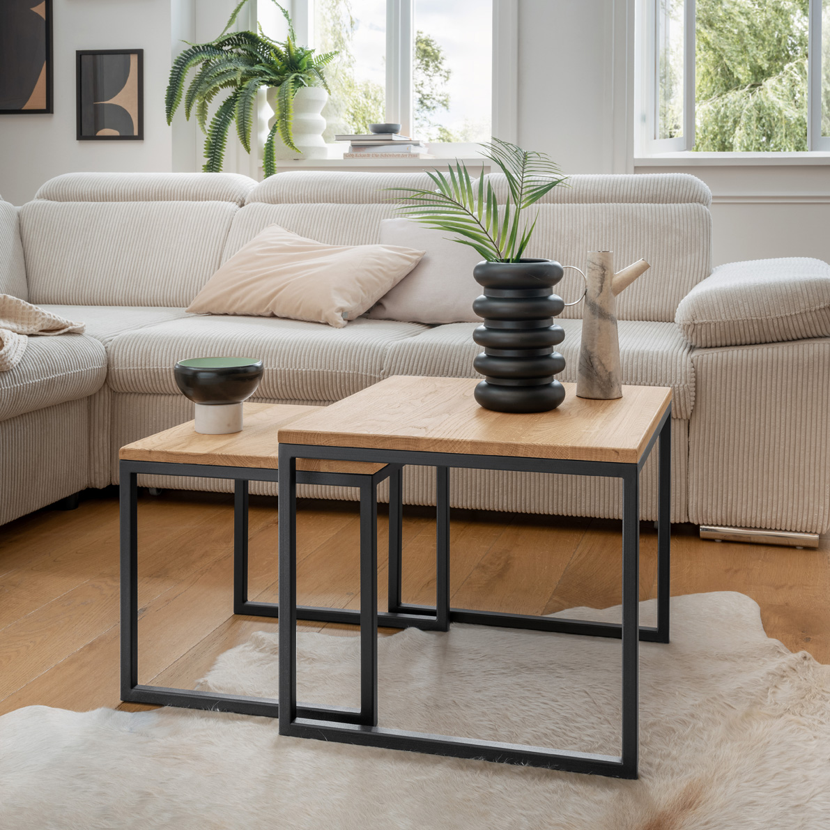 Beistelltisch NOAH | 2-er Set | eckig 40x50 x 38x43 cm | Wildeiche massiv | Metall schwarz