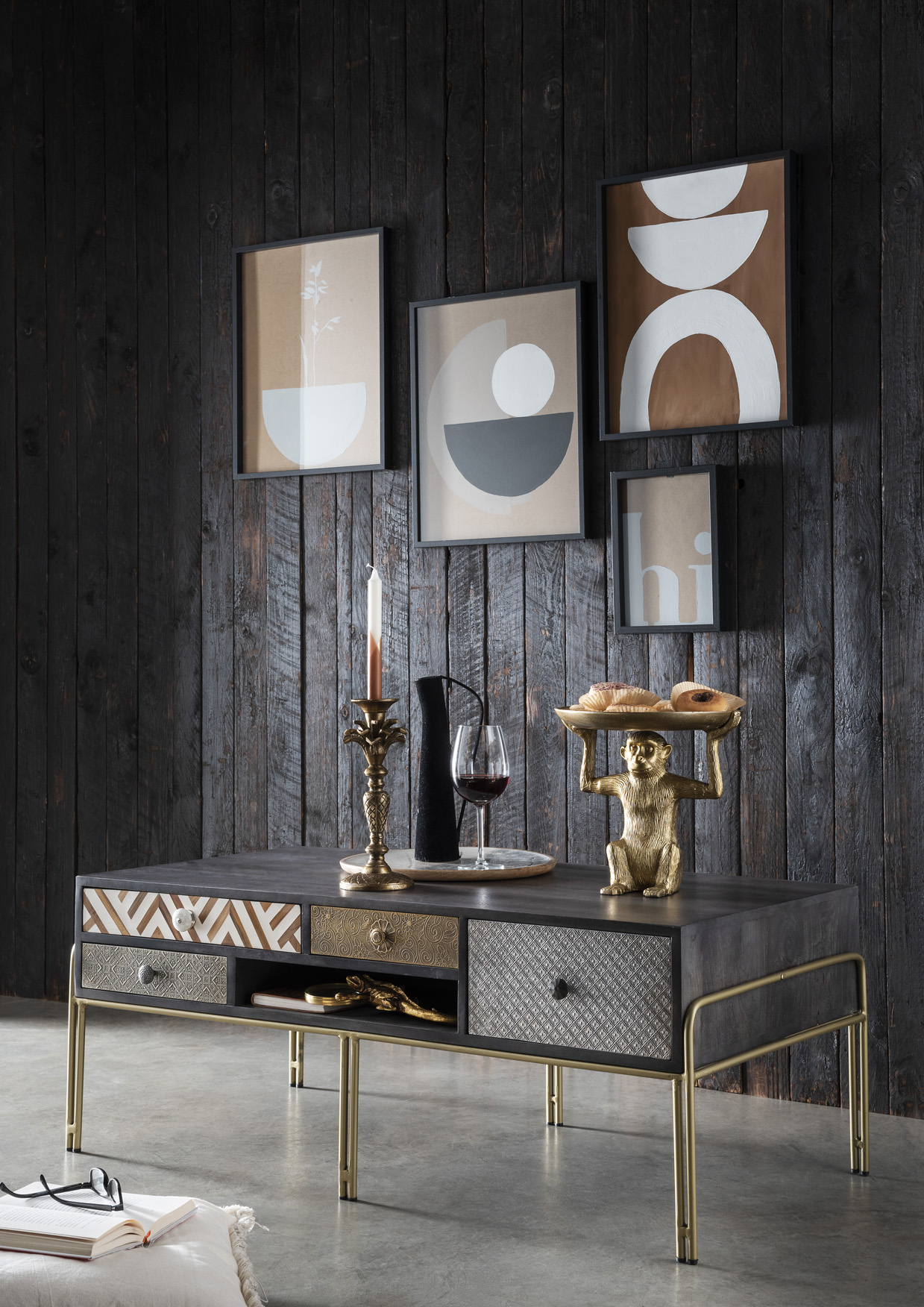 Couchtisch GOA-04 | handgearbeitet mit Intarsien | Mangoholz anthrazit/Altholz massiv/Metall