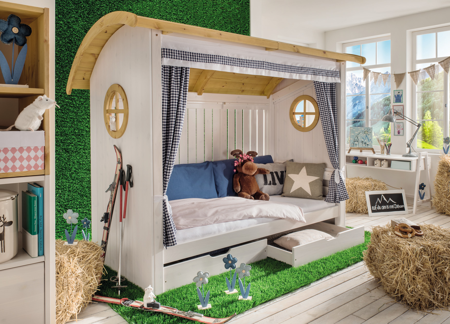Abenteuerbett mit Rollschubkästen und  Aufsatz ALPENHÜTTE