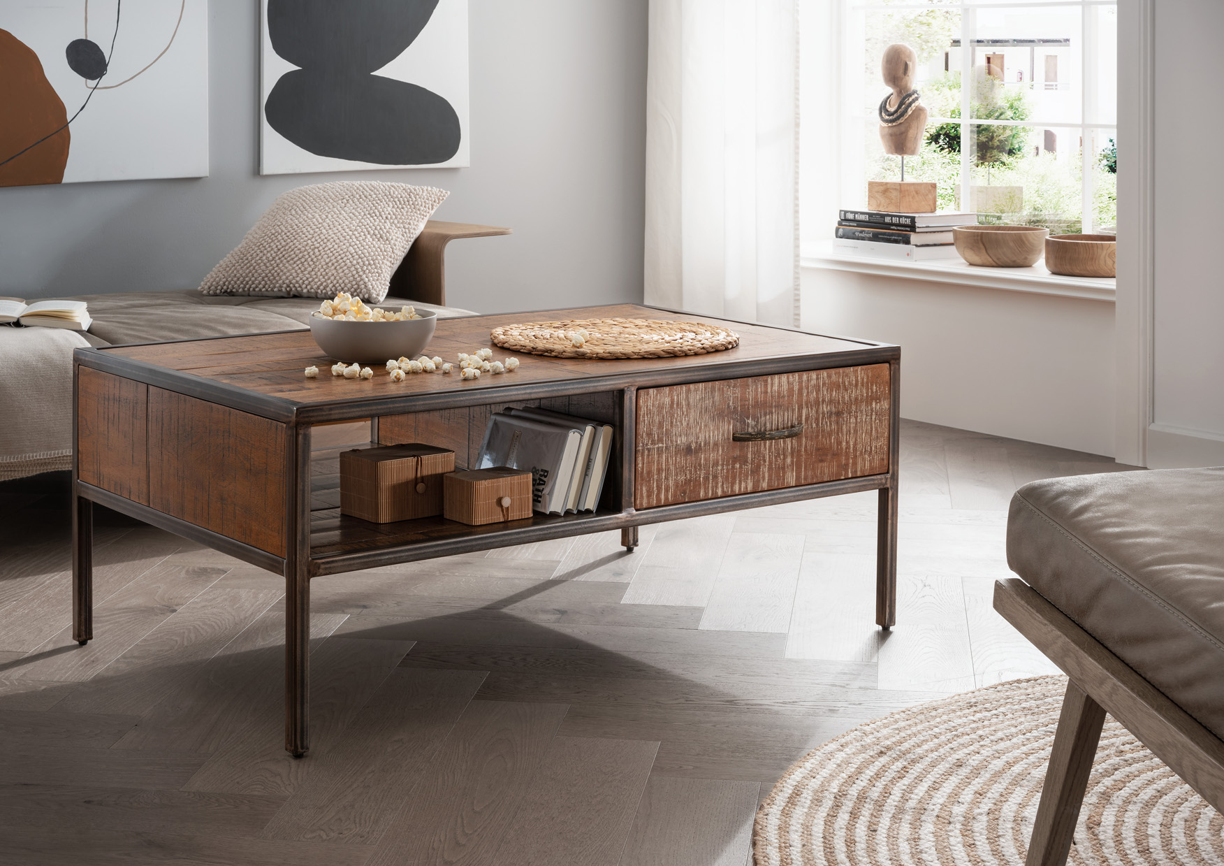 Unikat Couchtisch PRIYA 2 | massives Altholz recycelt | multifarbig | 6 Schubladen