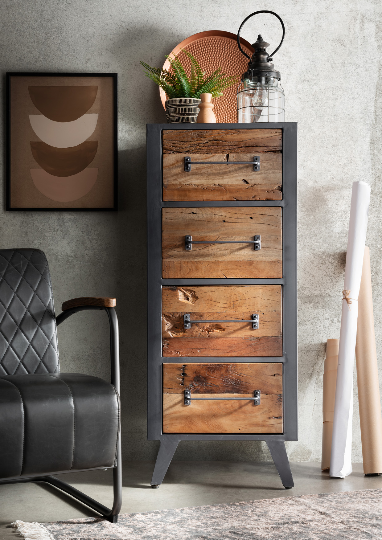 Hochkommode OLDWOOD | recyceltes Altholz /Metall gun-metal | 4 Schubladen | 120 cm hoch