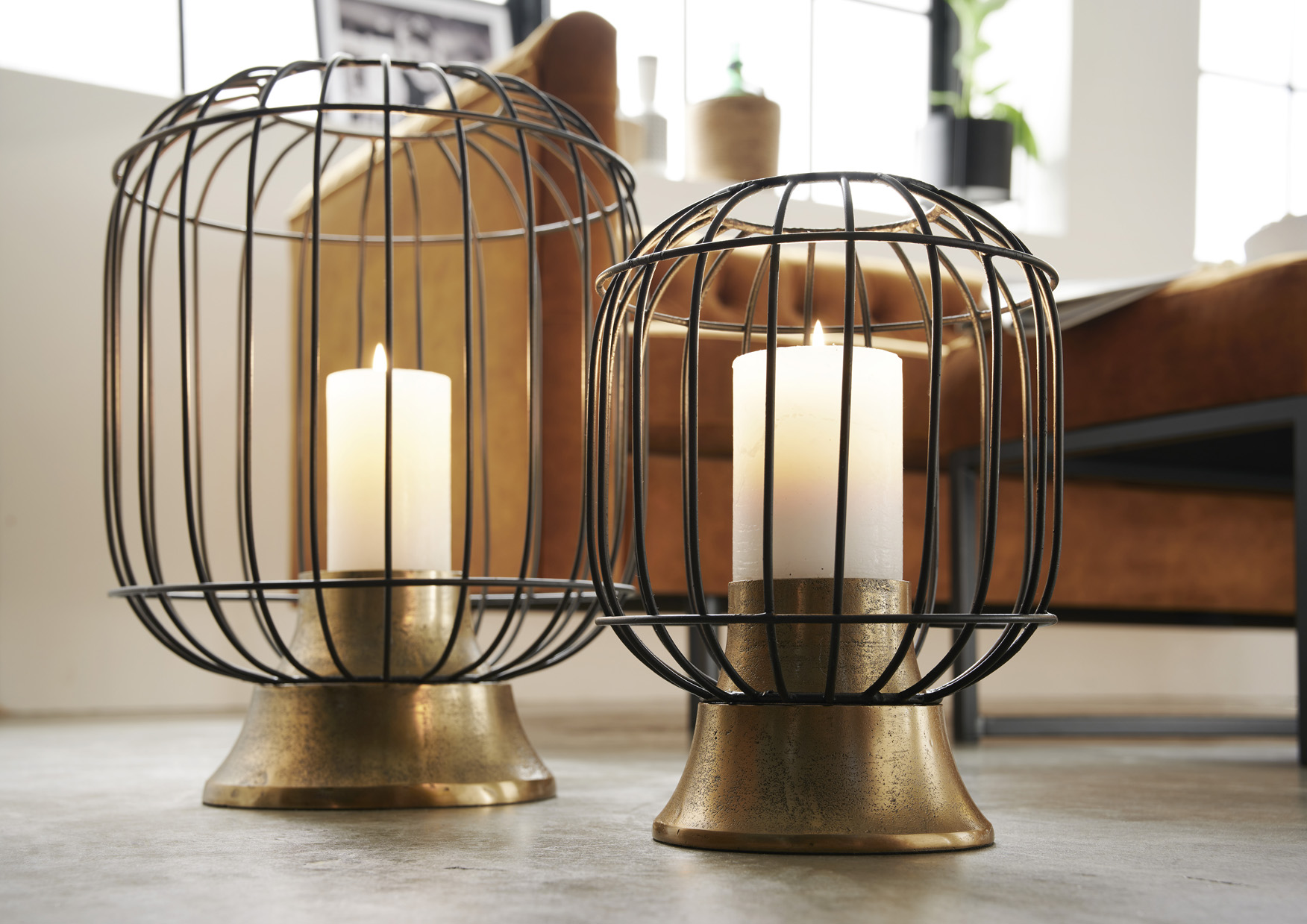 Windlicht CAGE | L= 40 cm hoch | Metall schwarz/antik-gold