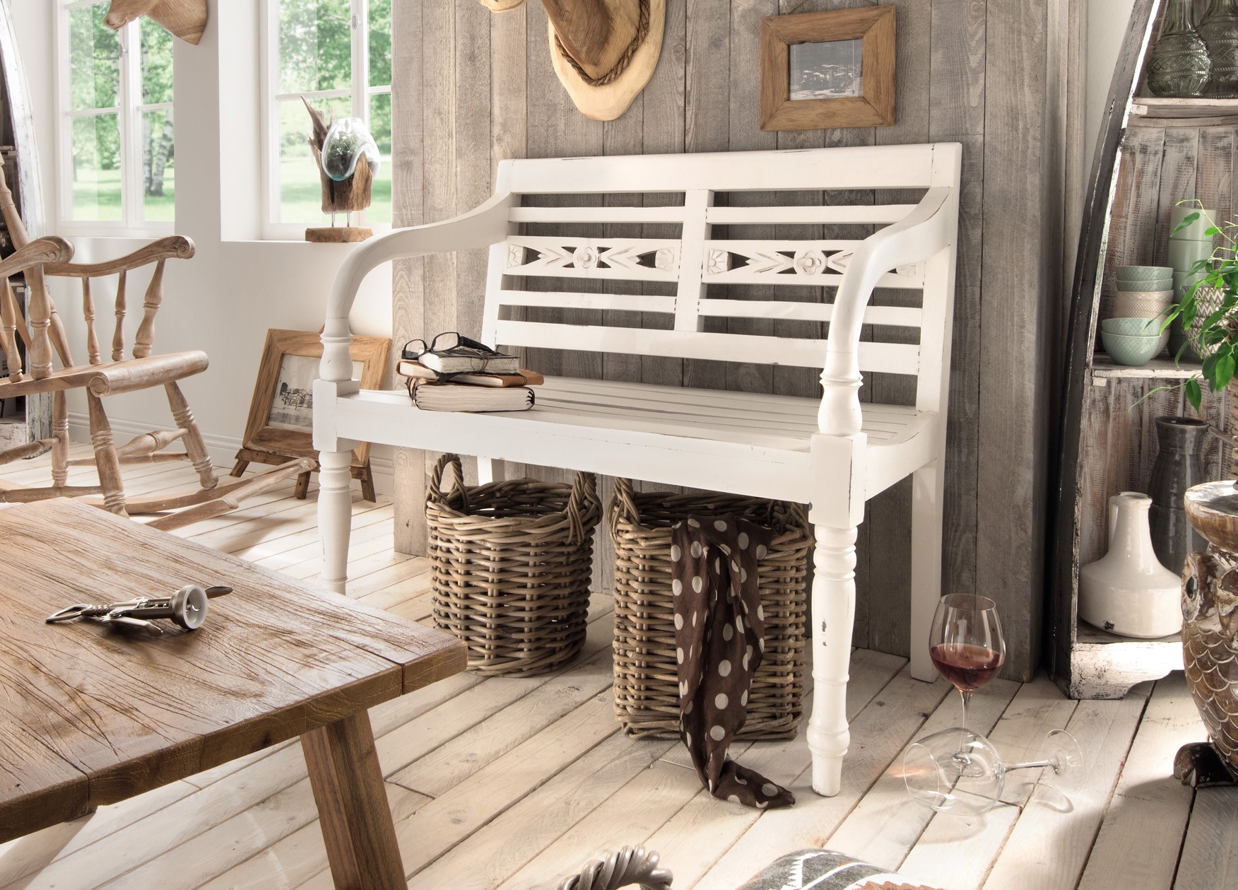 Sitzbank 2-sitzig WILLIAM | Mahagoni-Holz vintage-weiß | 100 cm