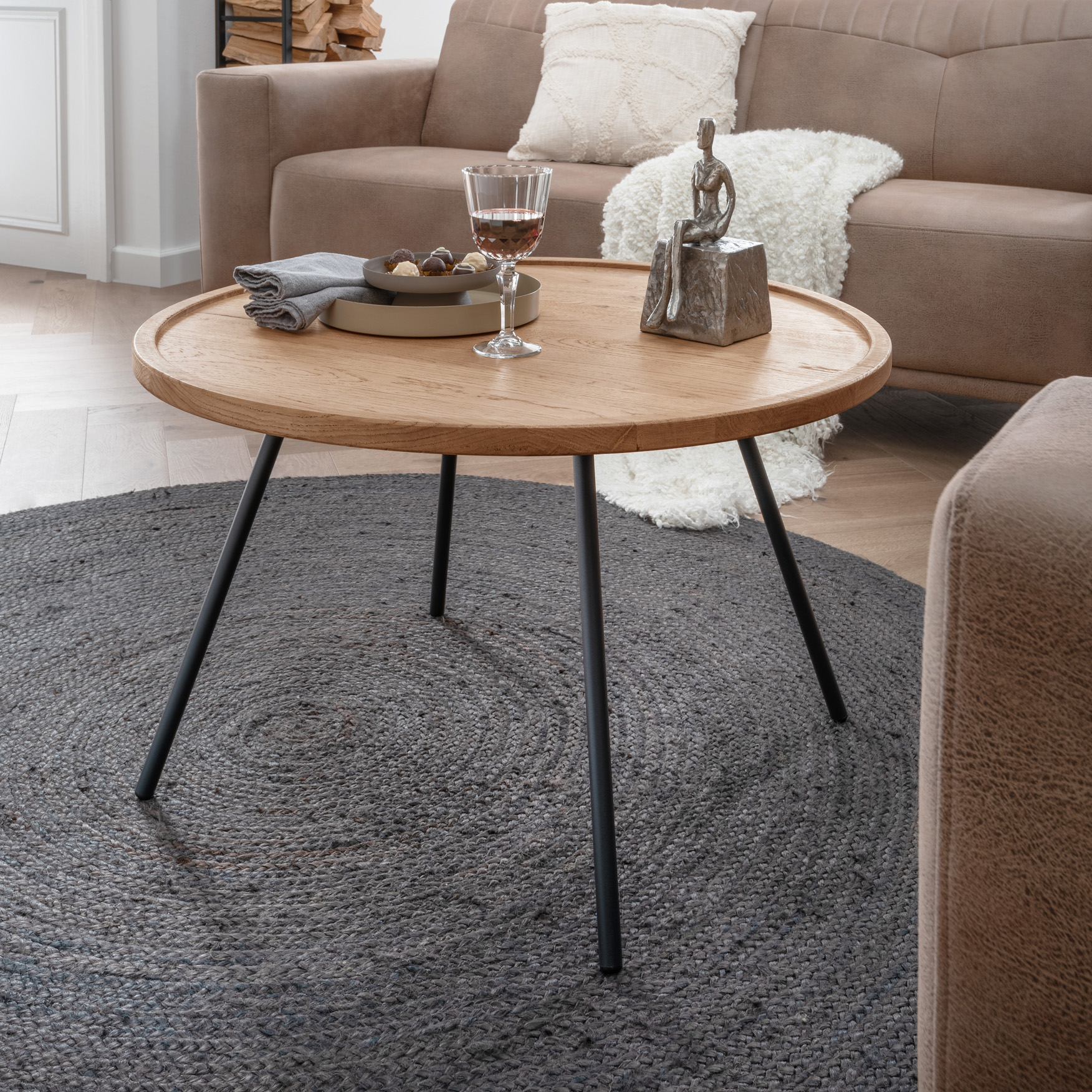 Couchtisch EMMA | rund 80 cm | Wildeiche massiv | Metall schwarz