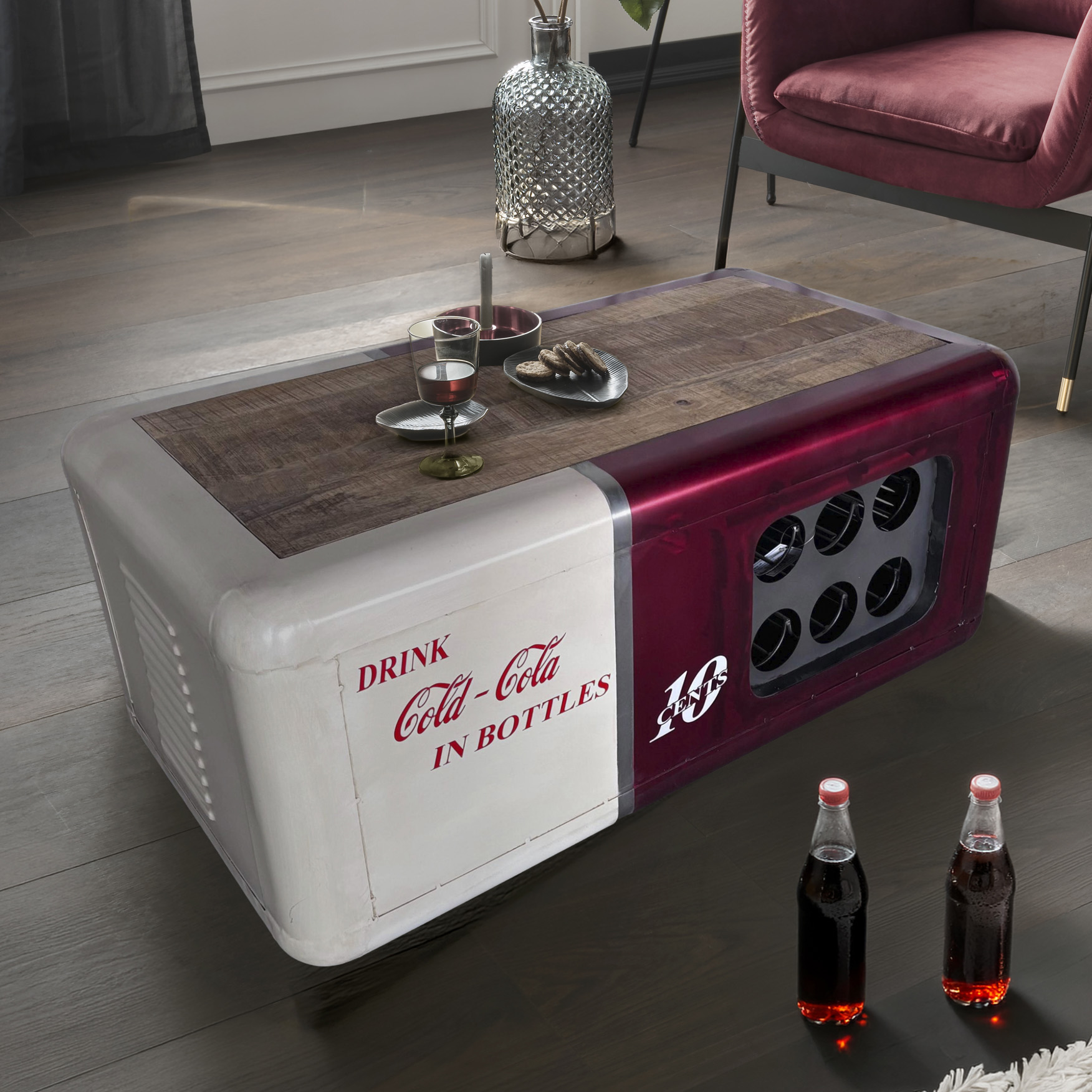 Couchtisch-Bar Retro COLD-COLA | Metall vintage rot/weiss | 109 x 60 cm