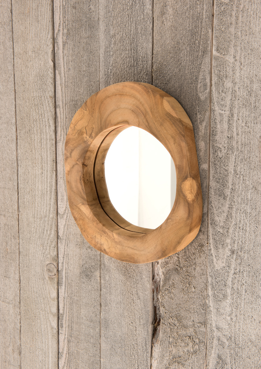 Spiegel mit Holzrahmen | Teakholz natur | rund | Ø ca. 20 cm