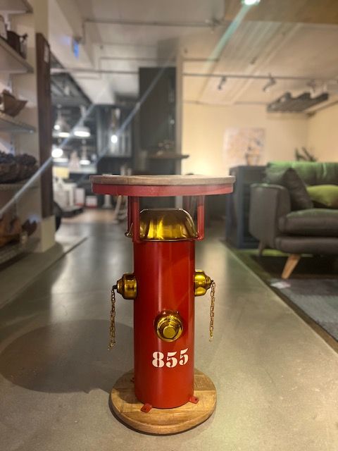 Beistelltisch Hydrant | Metall Feuerwehr-rot| Mangoholz |rund 38 cm 