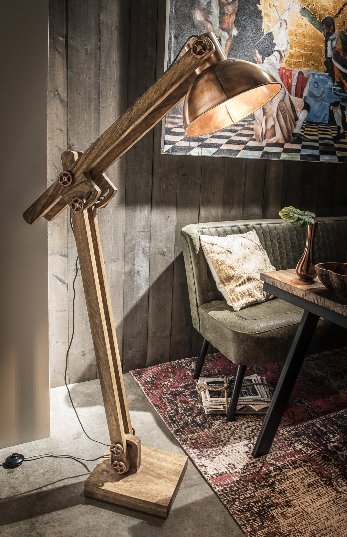Stehleuchte FLEXIBEL | Mangoholz / Metall kupferfarbig | 30 cm / 119 cm hoch