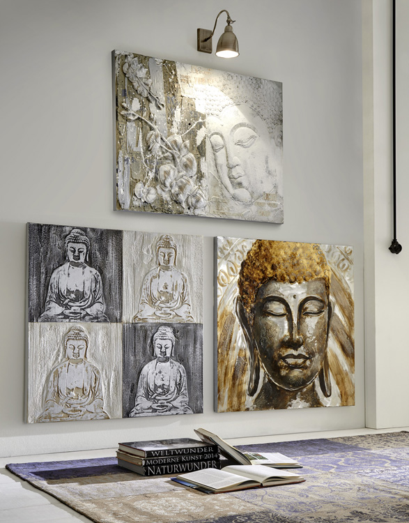 Metall-Wandbild "Buddhakopf" | Acryl auf Metall / Leinwand / Relief | 100 x 100 cm