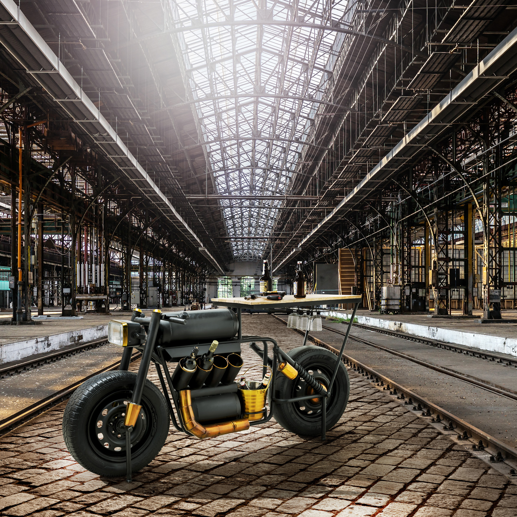 Motobike - Bar VECTOR | Handgefertigt Metall schwarz-gold / Mangoholz | für echte Biker