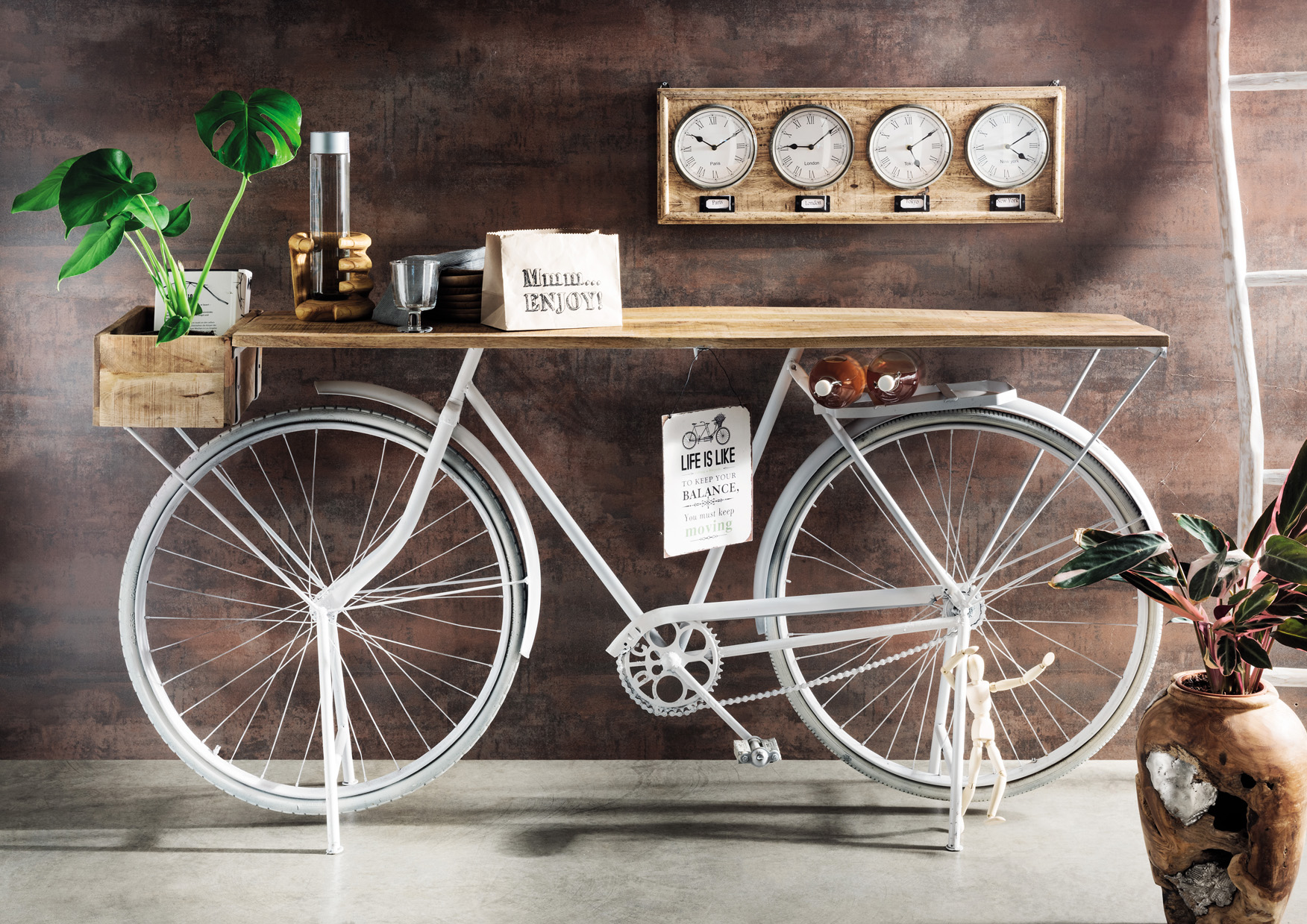 Vintage Fahrrad-Konsolentisch WHITY | Metall weiß/Mangoholz | mit kleinem Holzkorb