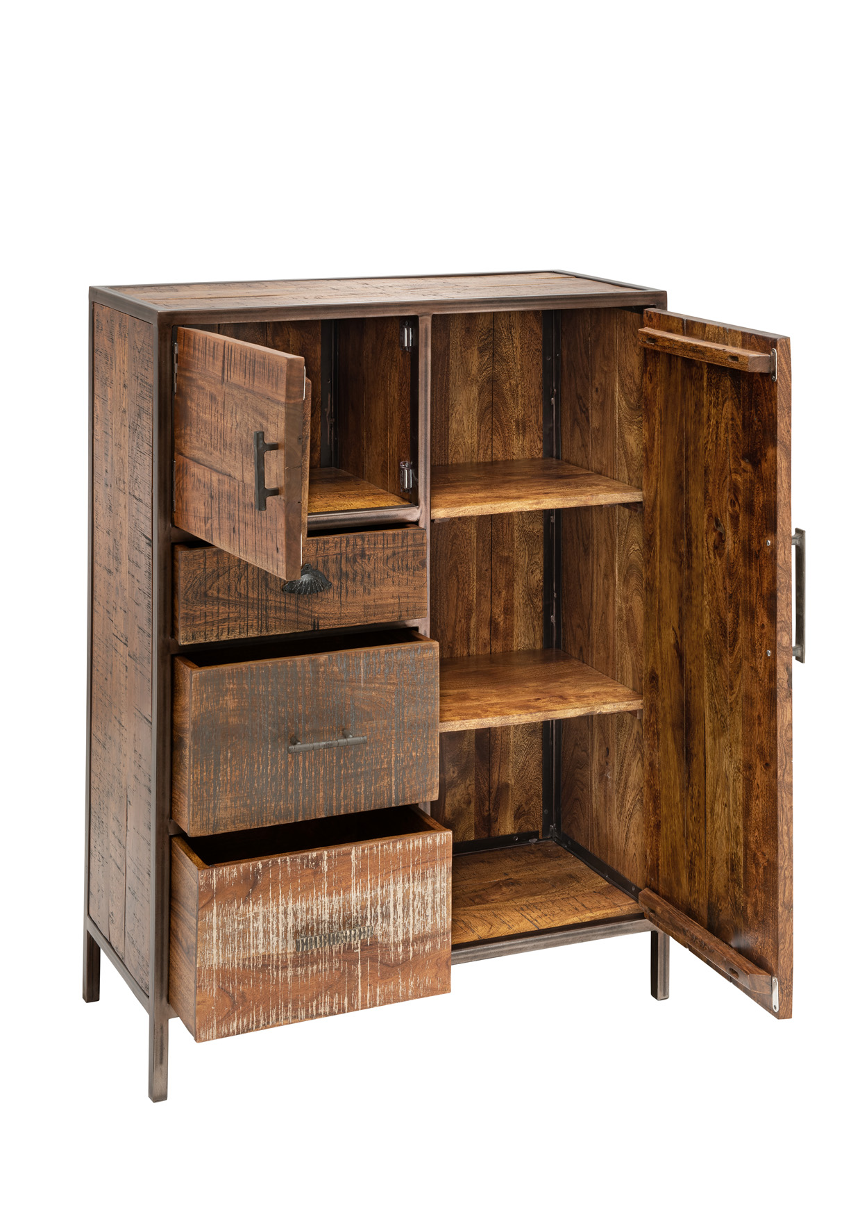Unikat Highboard PRIYA 2 | massives Altholz recycelt | multifarbig | 3 Schubladen/2 Türen