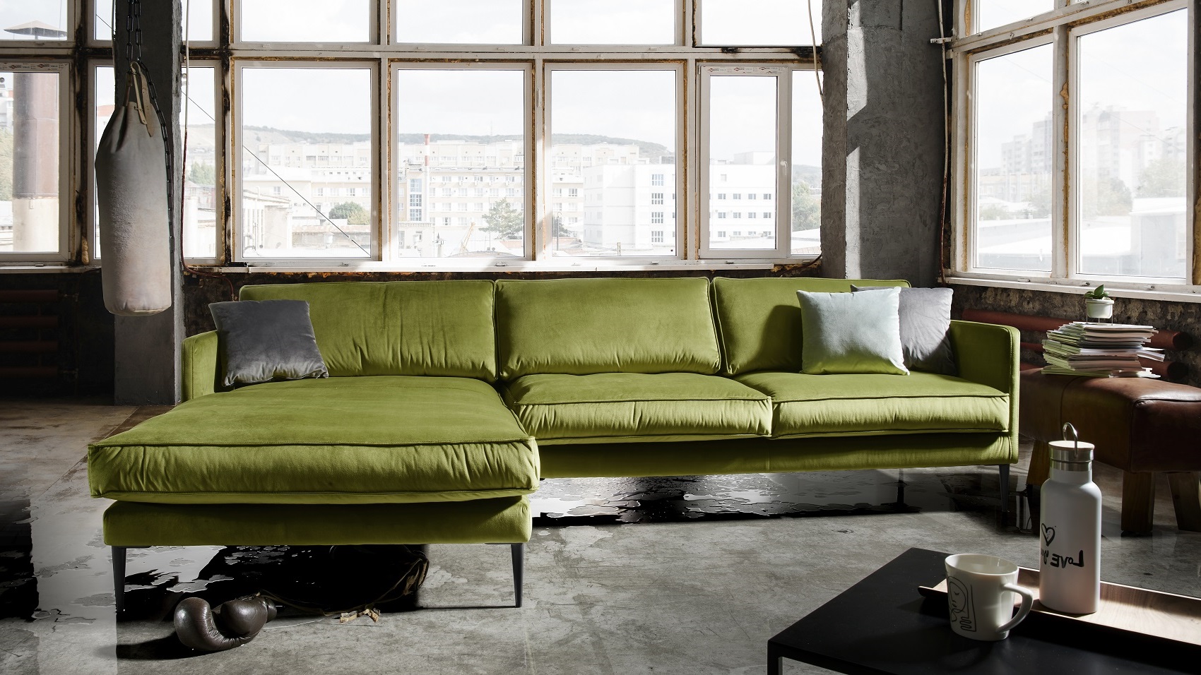 Sofa-Polstergruppe FRITZ Nr. 2 in Samt-Velours hunter-grün mit Metallfuß J