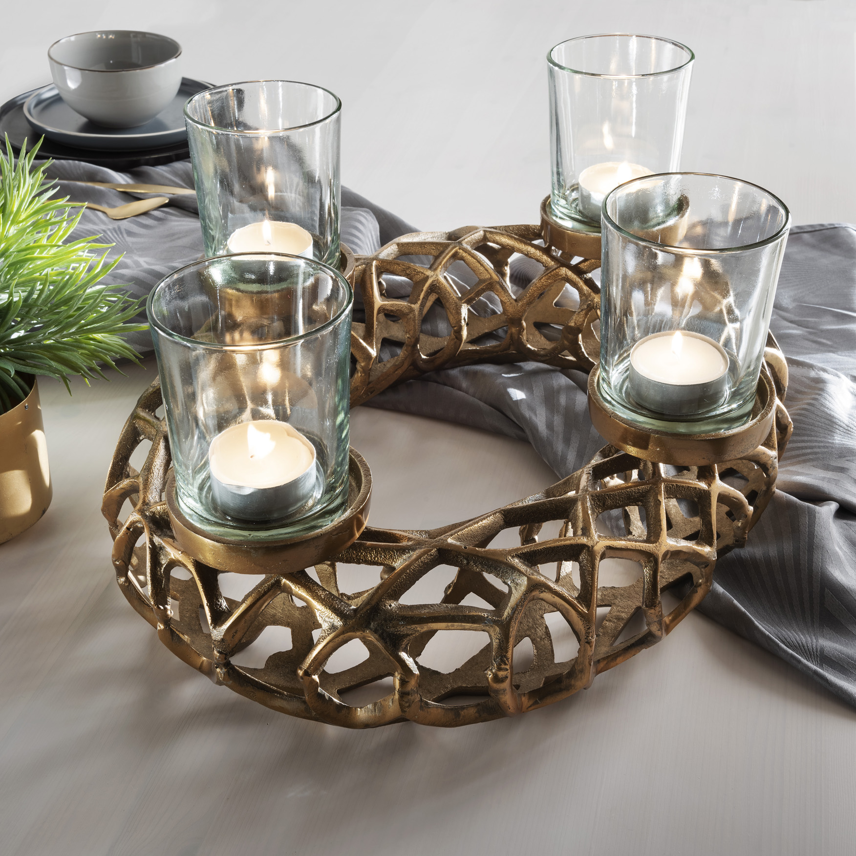 Deko-Kranz ADVENT mit 4 Gläsern | XL =oval 54 cm | Metall antik-gold