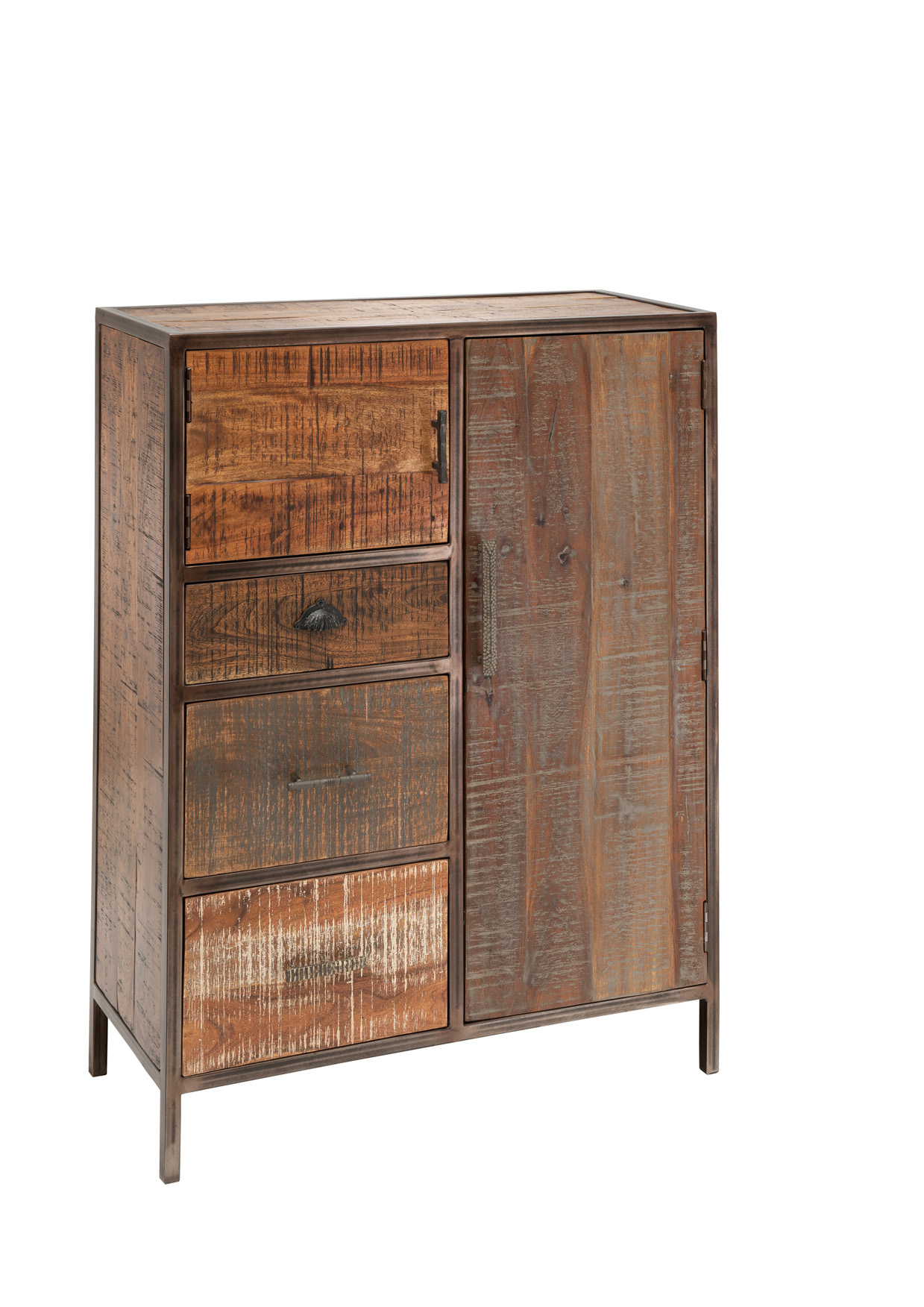 Unikat Highboard PRIYA 2 | massives Altholz recycelt | multifarbig | 3 Schubladen/2 Türen