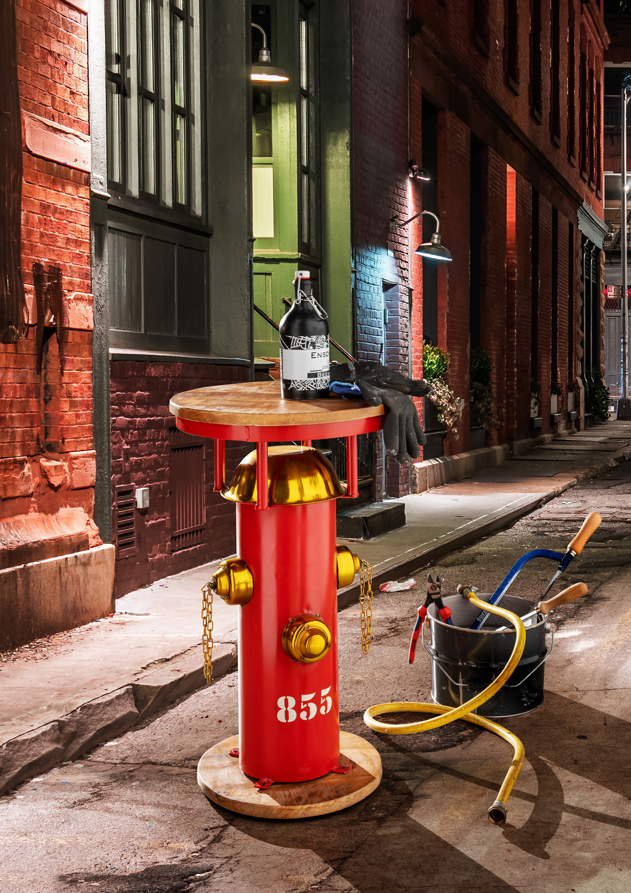 Beistelltisch Hydrant | Metall Feuerwehr-rot| Mangoholz |rund 38 cm 