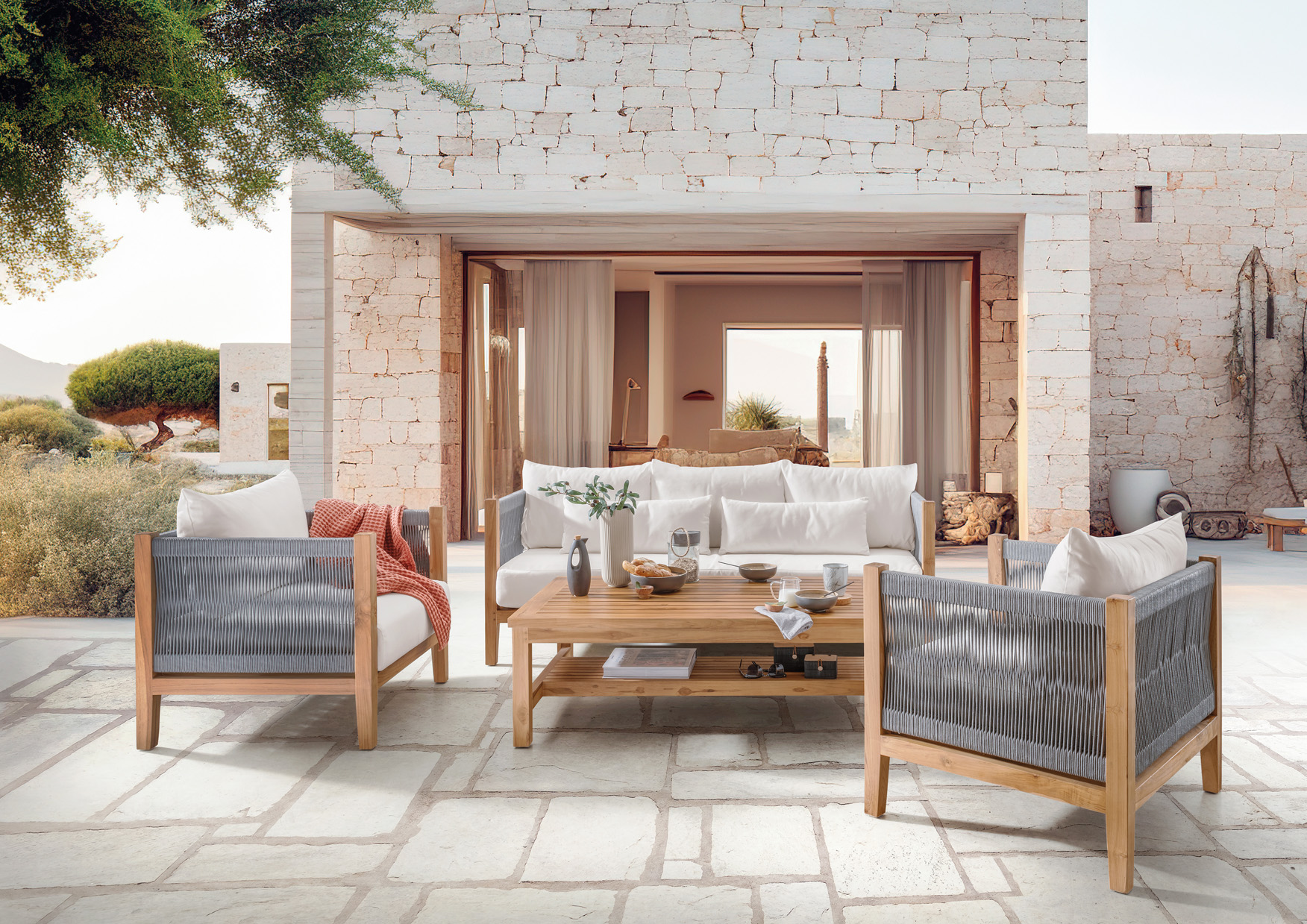 Garten-Sitzgruppe | LOUNGE | 4-teilig | Teakholz/Seil