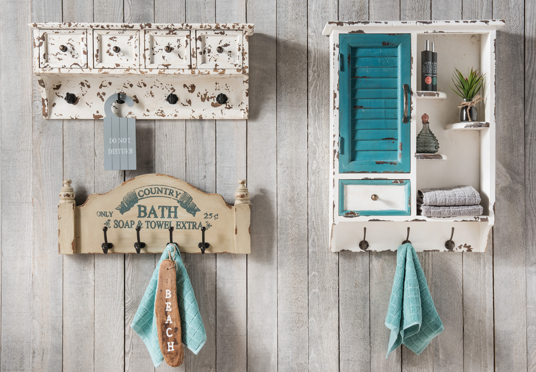 Vintage-Hakenleiste | recyceltes Mangoholz, vintage-weiß |  60 x 27 x 8 cm | 4 Haken